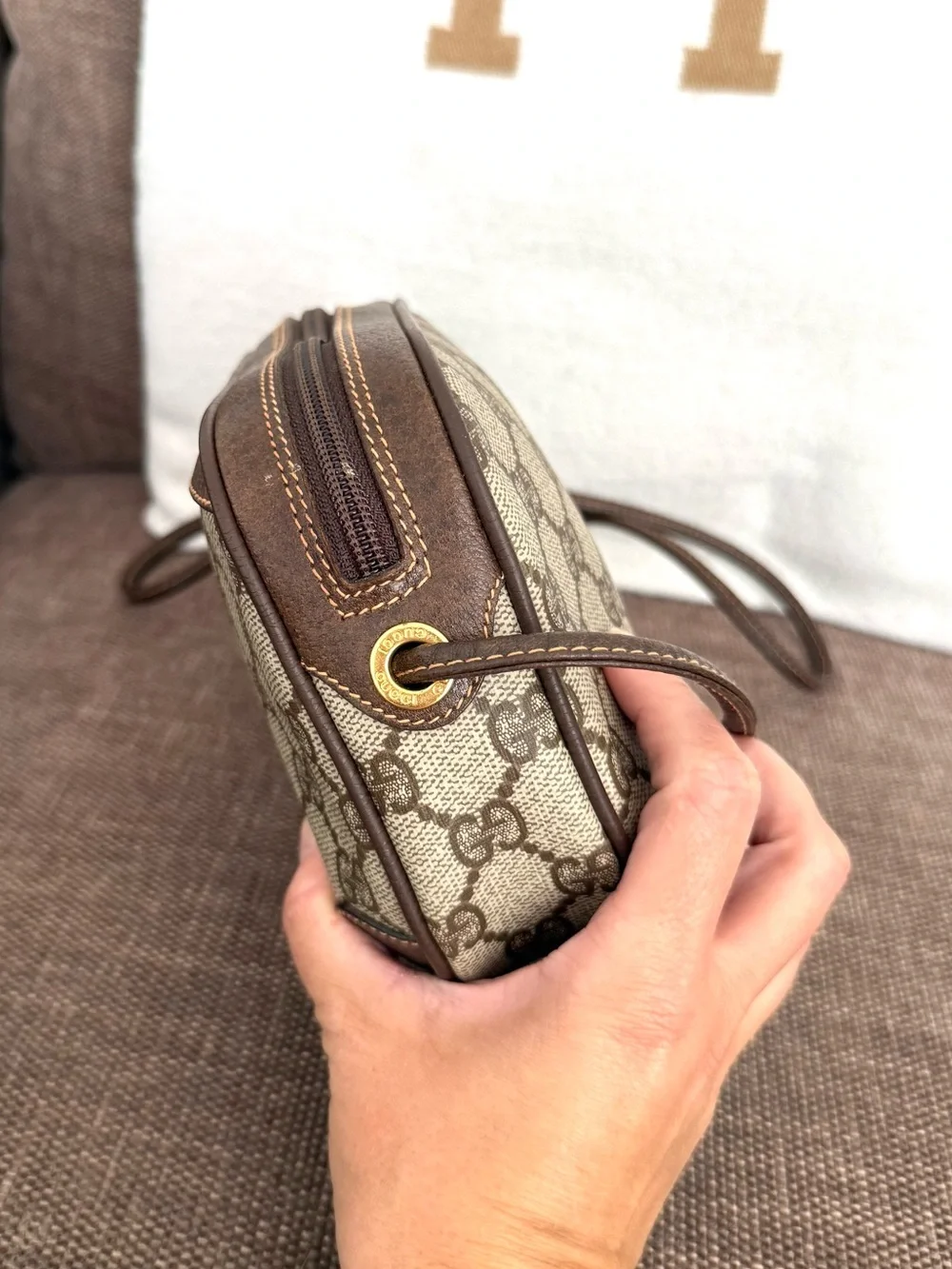 Authentic Gucci brown monogram coated canvas crossbody bag gold hardware